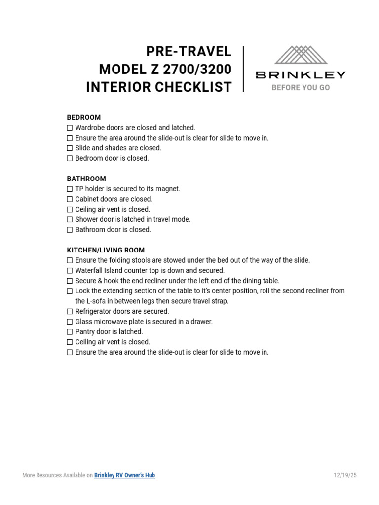 RV Interior Pre-Travel Checklist | PDF
