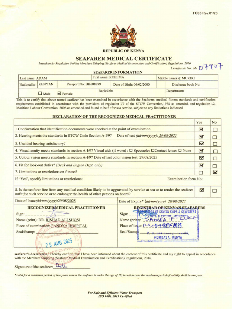 Seafarer Medical Certificate | PDF