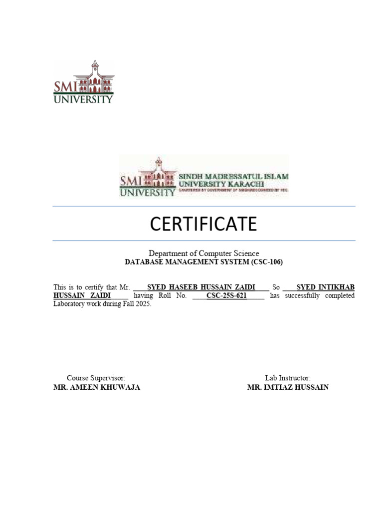 Database Management System Certificate | PDF