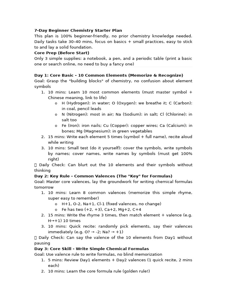 7-Day Beginner Chemistry Starter Plan | PDF | Chemical Substances ...