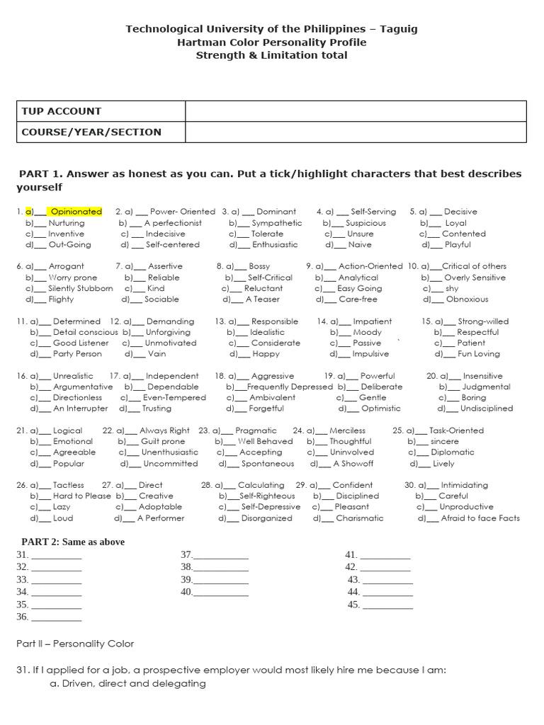 Hartman Color Personality Profile Guide | PDF | Social Psychology ...
