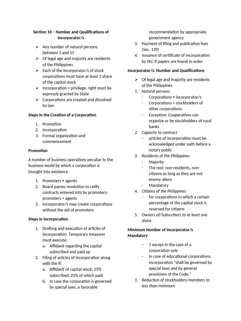 Incorporator Qualifications and Steps for Corporation Formation | PDF ...