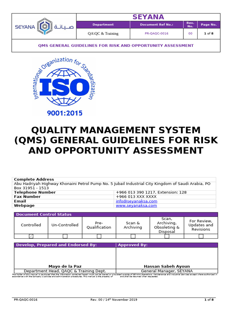 QMS Risk and Opportunity Assessment Guide | PDF | Risk | Quality ...