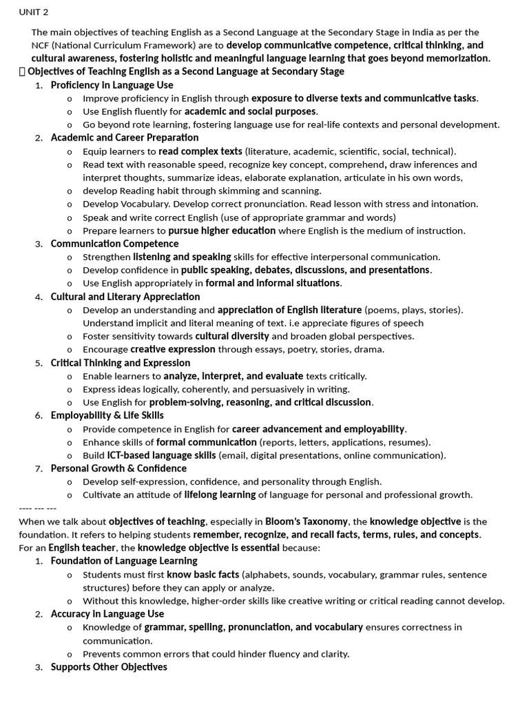 Pedagogy of English UNIT 2 Sem2 | PDF | Reading Comprehension | Lesson Plan