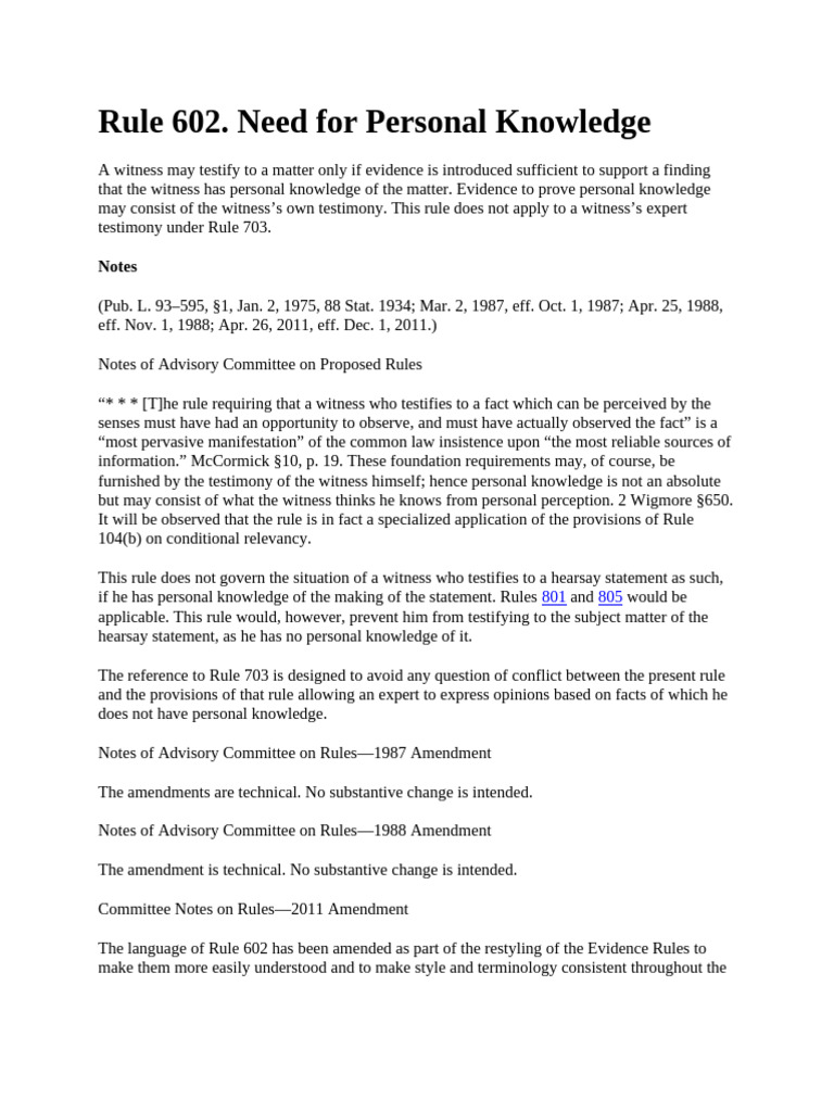 Rule 602 - Need for Personal Knowledge | PDF