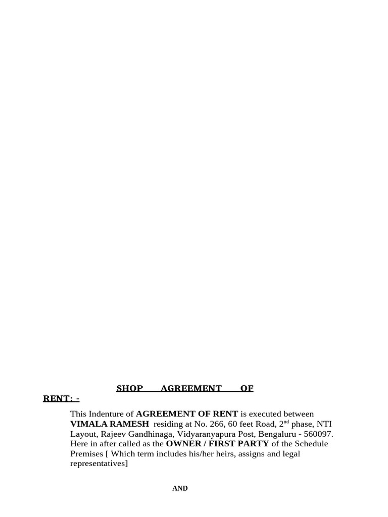 Shop Rent Agreement in Bengaluru | PDF | Leasehold Estate | Private Law