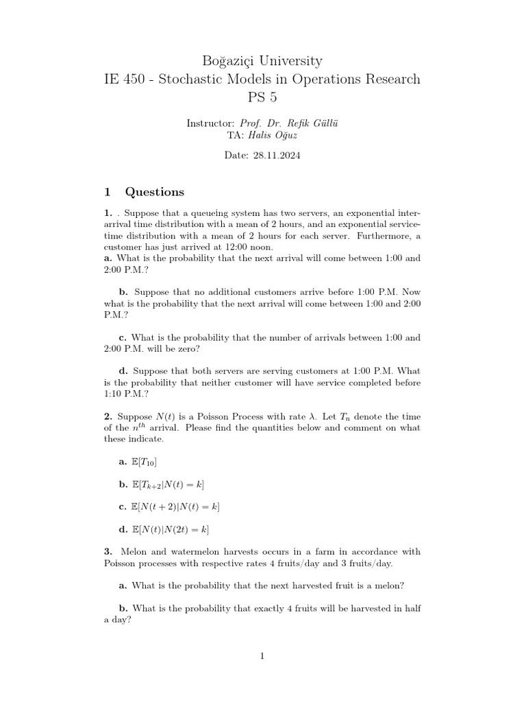 Boğaziçi University IE 450 - Stochastic Models in Operations Research ...