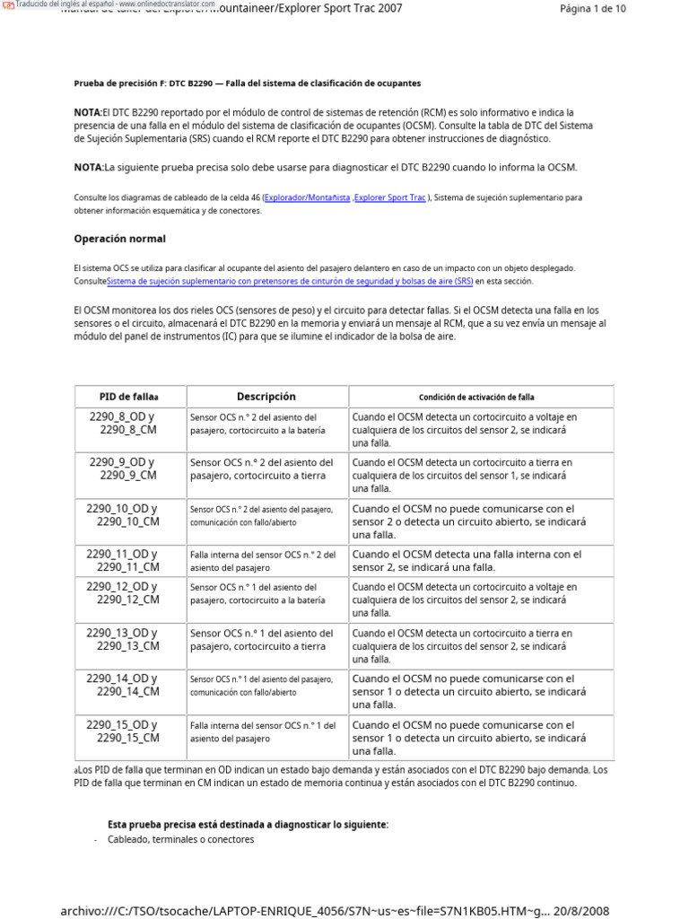 Diagnóstico DTC B2290 en OCS 2007 Explorer | PDF | Airbag | Conector ...
