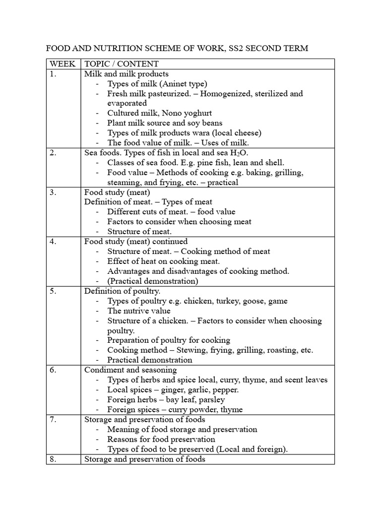 SS2 Food and Nutrition Curriculum Guide | PDF | Milk | Cooking