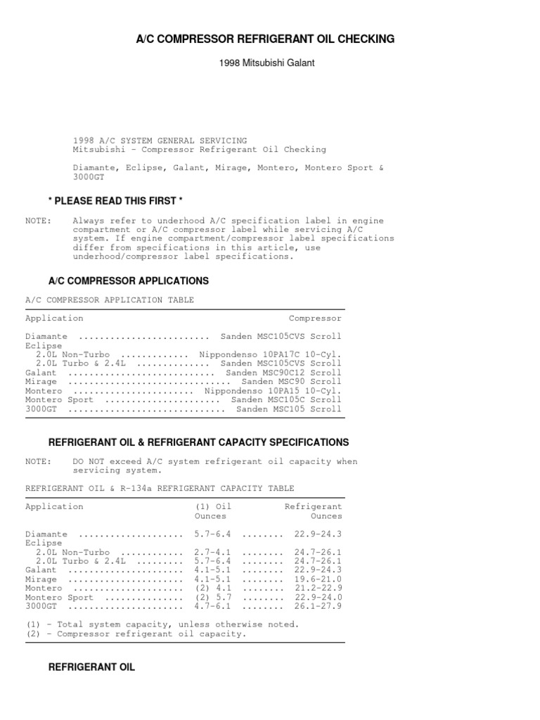 Mitsubishi A/C Compressor Oil Guide | PDF | Air Conditioning ...