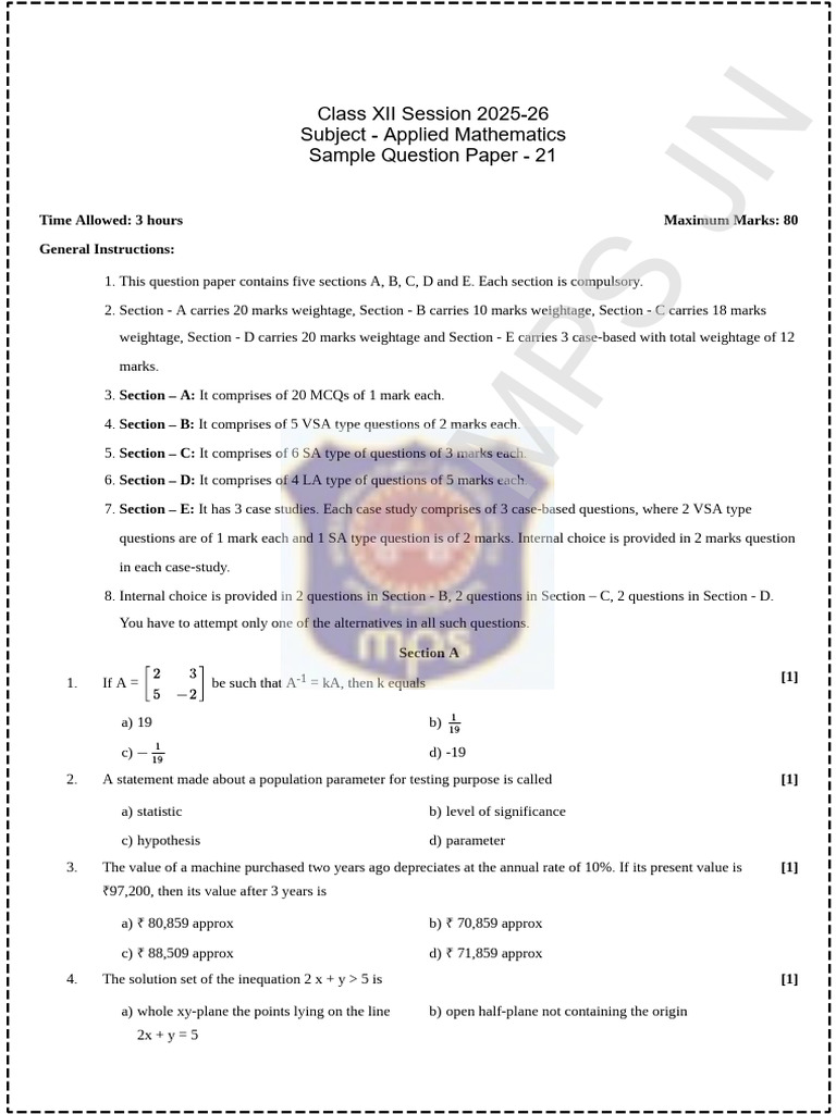 Class XII Applied Mathematics Sample Paper | PDF | Errors And Residuals ...