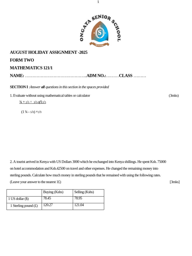August Holiday Mathematics Assignment-2025 Assignment - Form 2 ...