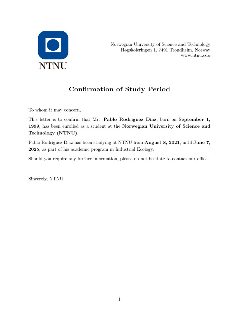 Confirmation of Study Period at NTNU | PDF