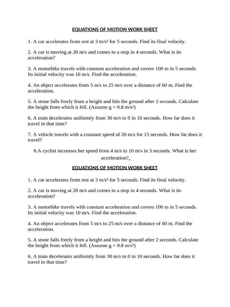 Equations of Motion Practice Problems | PDF
