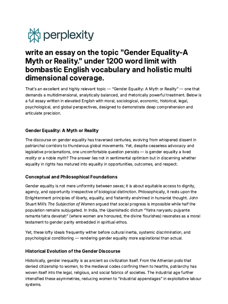 Write an Essay on the Topic _Gender Equality-A Myt | PDF ...