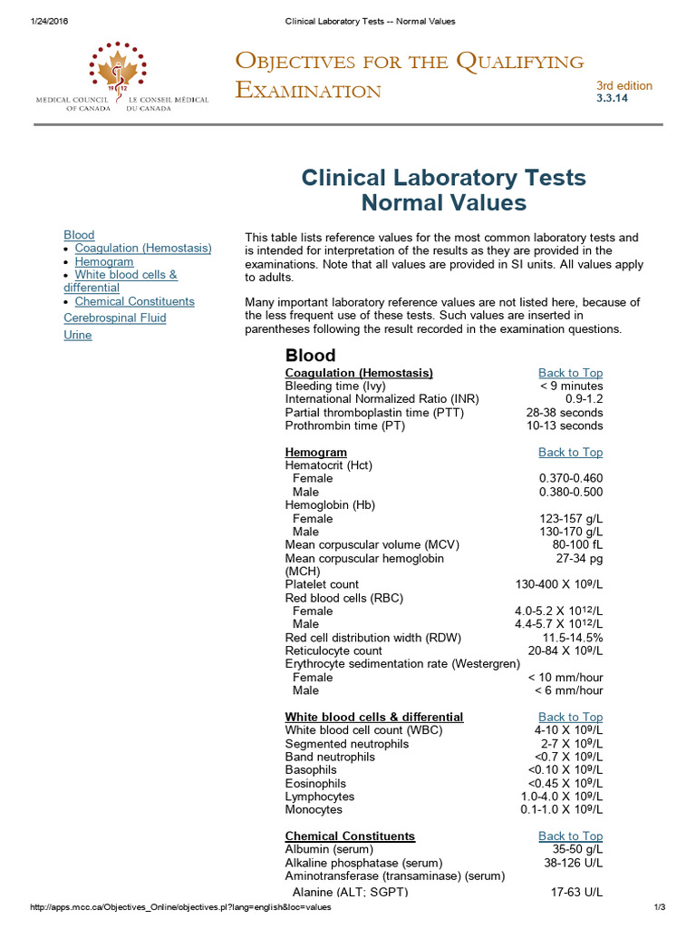 Normal Values for Clinical Lab Tests | PDF | Blood Plasma | Medical ...
