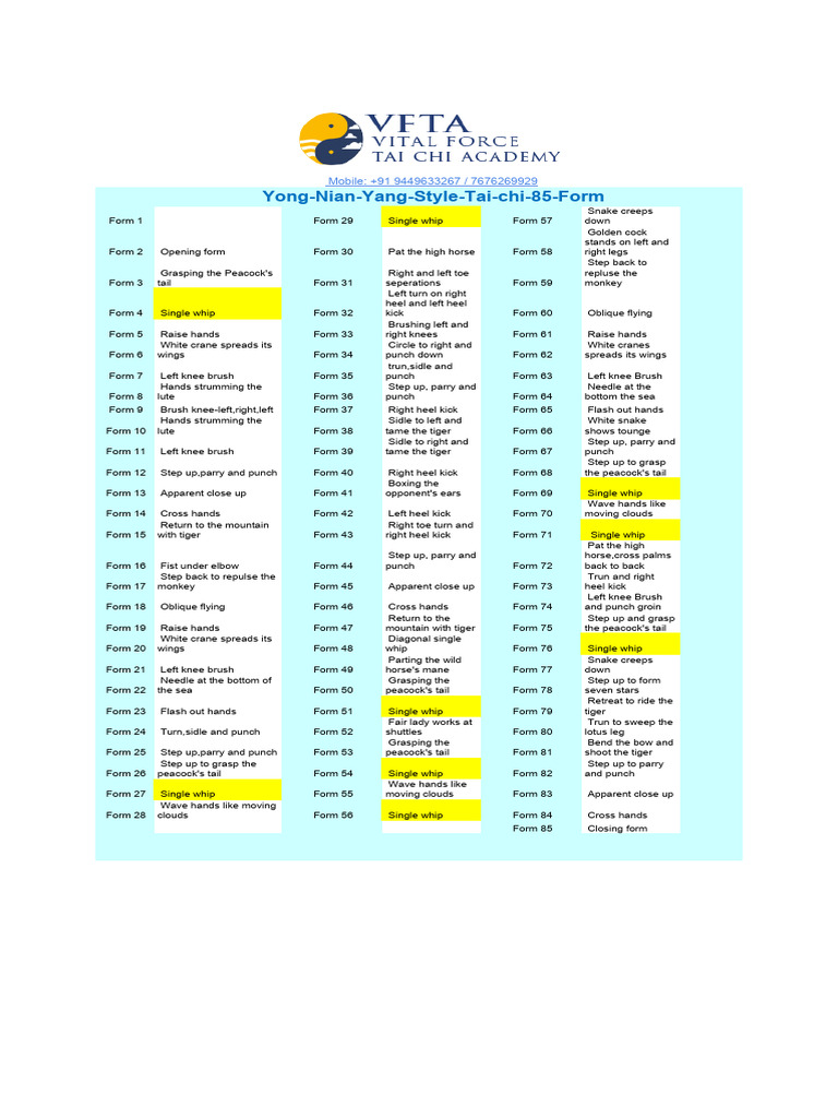 Yong Nian Yang Tai Chi 85 Forms Guide | PDF