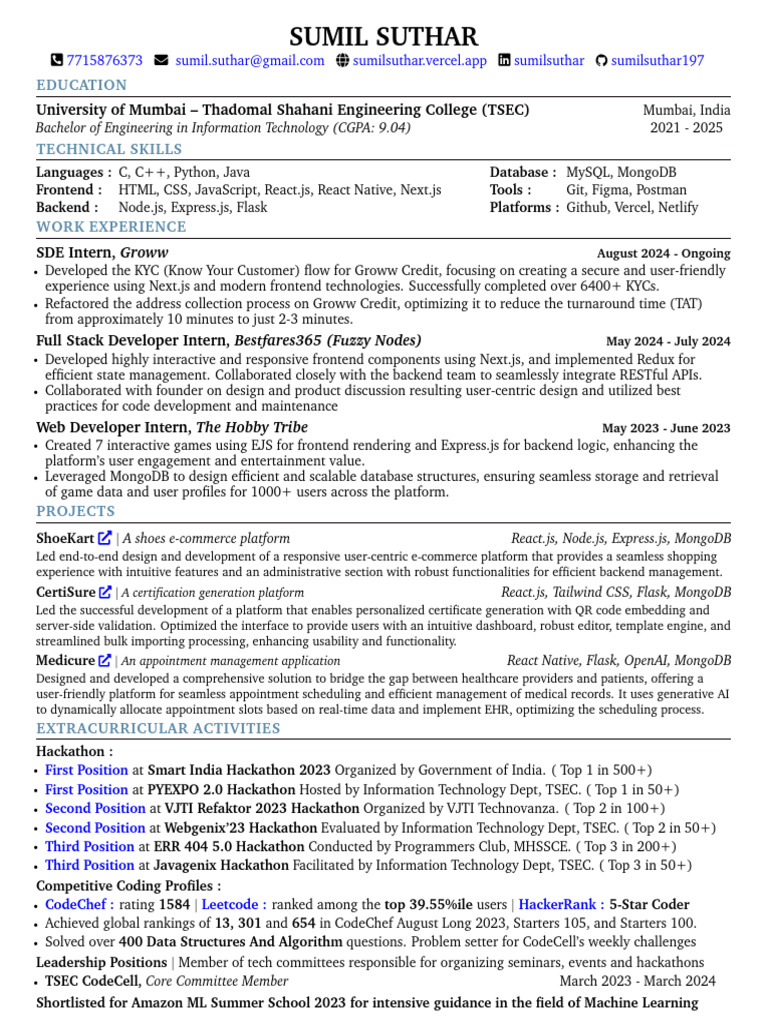 Sumil Suthar: Full Stack Developer CV | PDF | Software | Computer ...