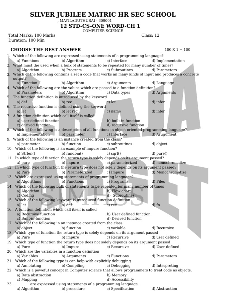 12th Grade Computer Science Quiz | PDF | Parameter (Computer ...