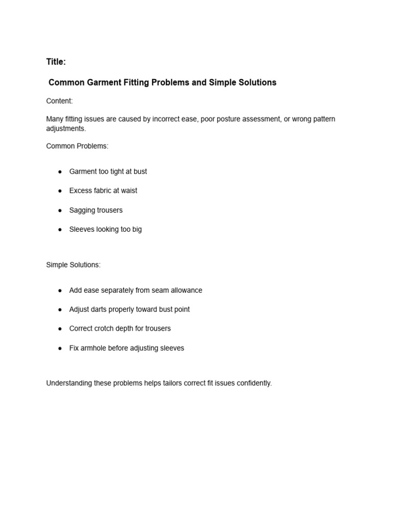 Garment Fitting Issues & Solutions | PDF