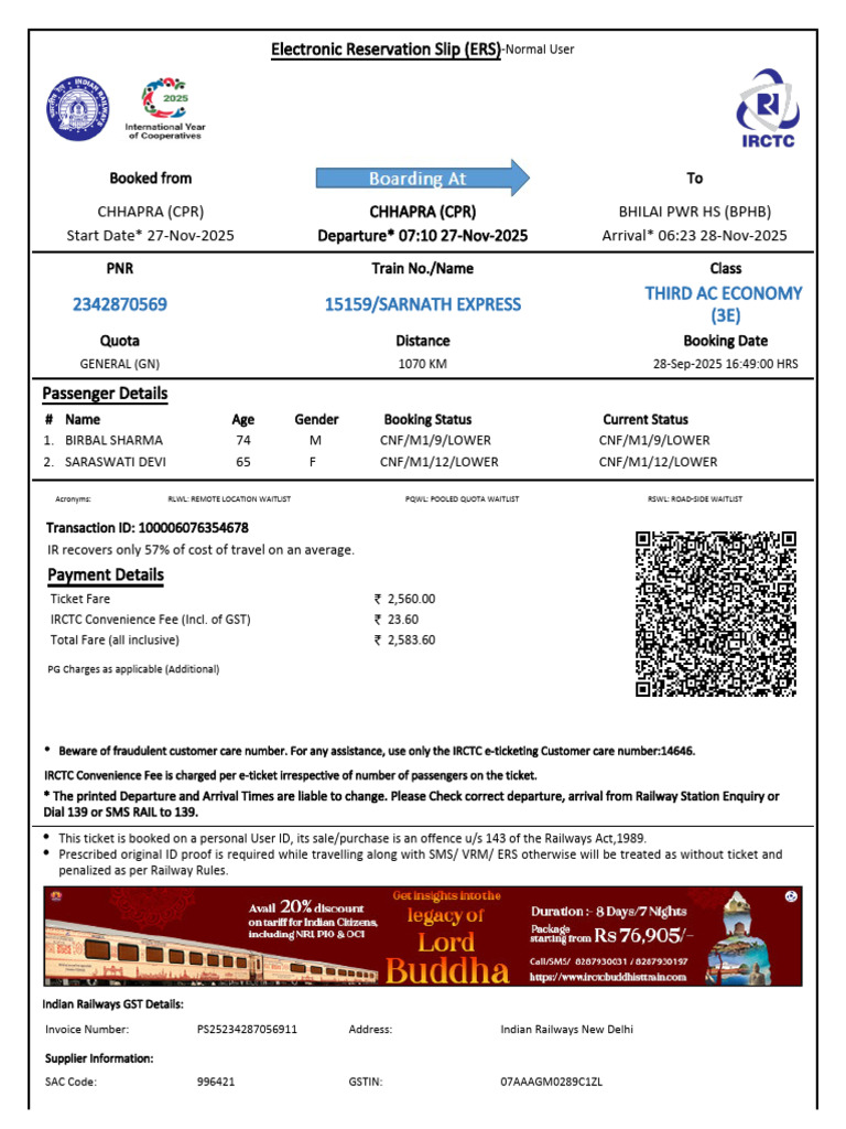 15159/sarnath Express Third Ac Economy (3E) | PDF | Identity Document |  Payments