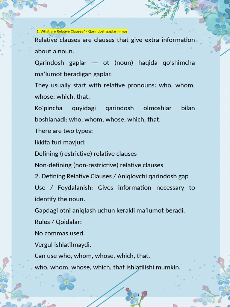 Defining and Non Defining Clouses | PDF | Linguistics | Linguistic ...
