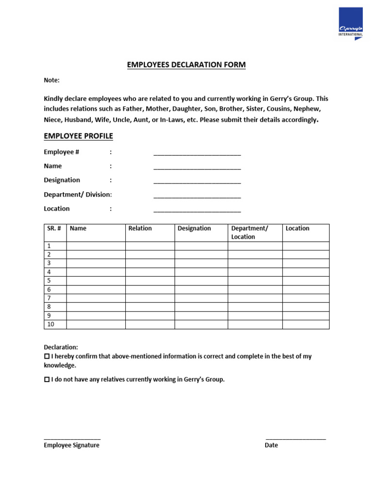 Employee Relation Declaration Form | PDF
