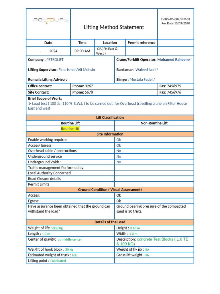 Lifting Method Statement for Crane Operations | PDF | Crane (Machine)