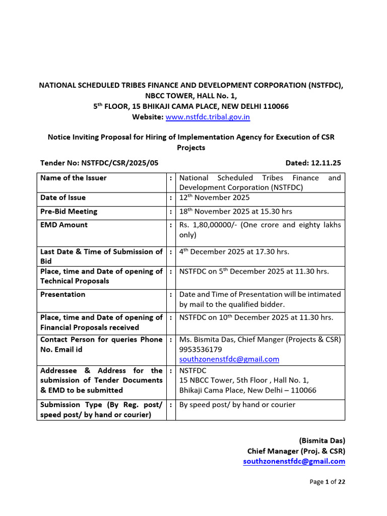 NSTFDC CSR Project Implementation Tender | PDF
