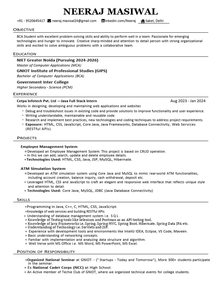 BCA Student & Java Full Stack Intern Profile | PDF | Java (Programming ...