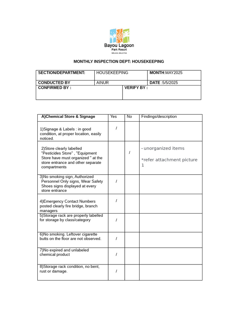 May 2025 Housekeeping Inspection Report | PDF