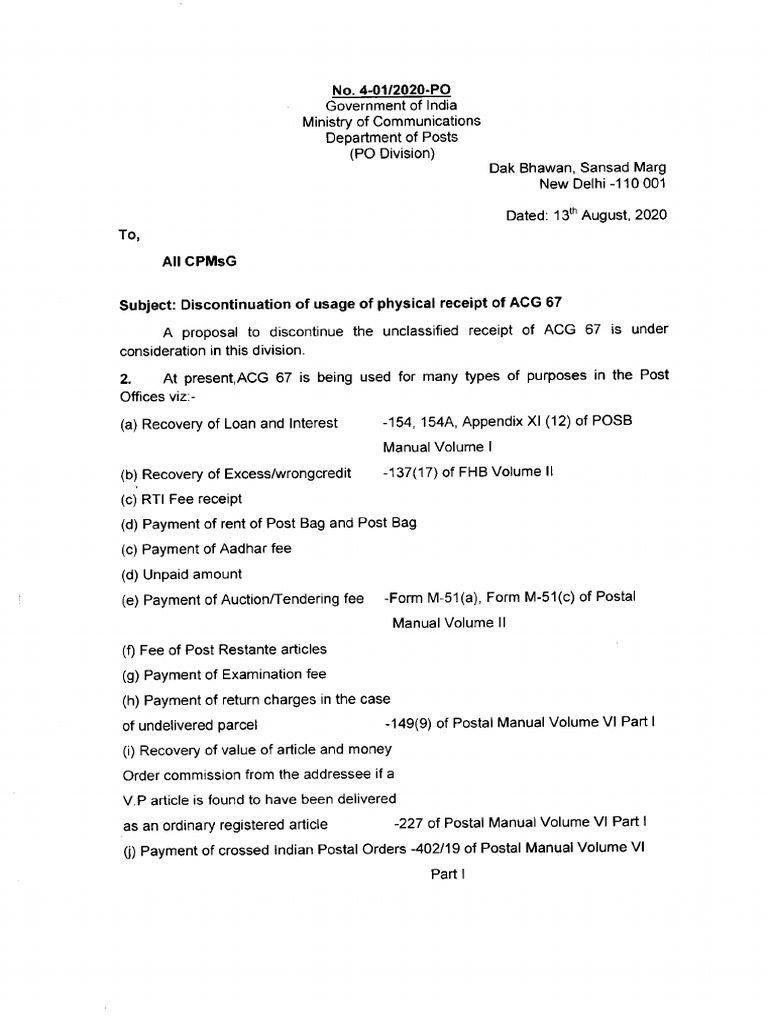 Discontinuation of ACG 67 Receipt Usage | PDF | Cheque | Debits And Credits