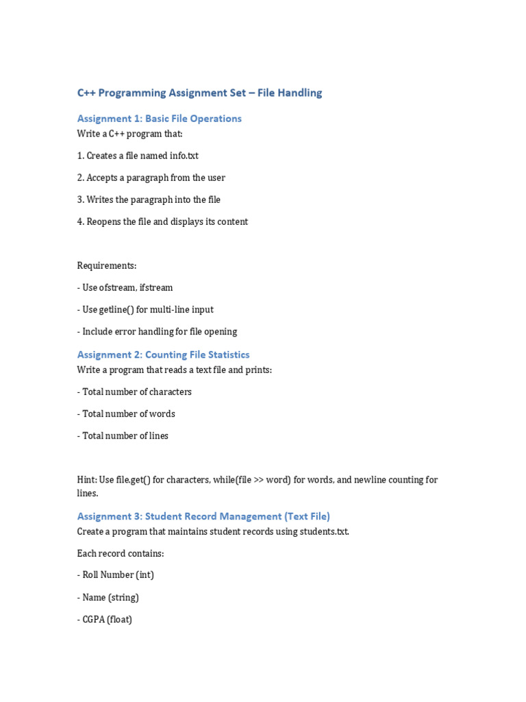 C++ File Handling Assignments Guide | PDF