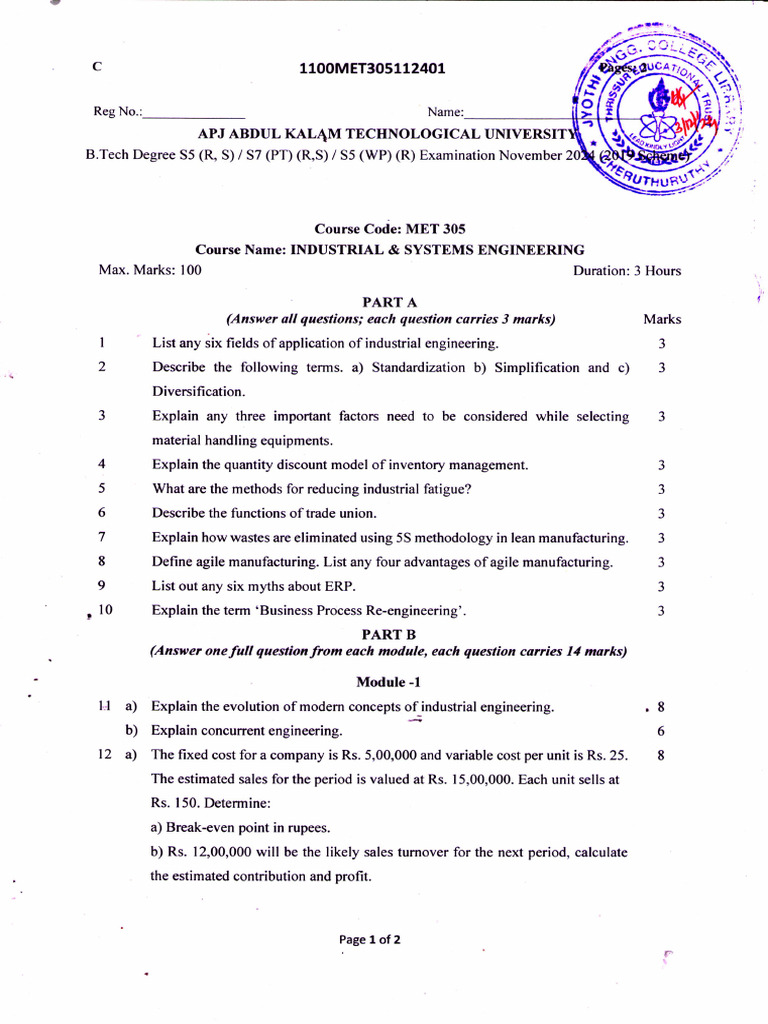 Industrial Engineering Exam Questions | PDF | Lean Manufacturing ...