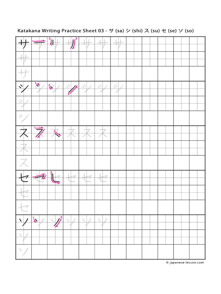 Sa Ta Katakana Writing 3 4 | PDF