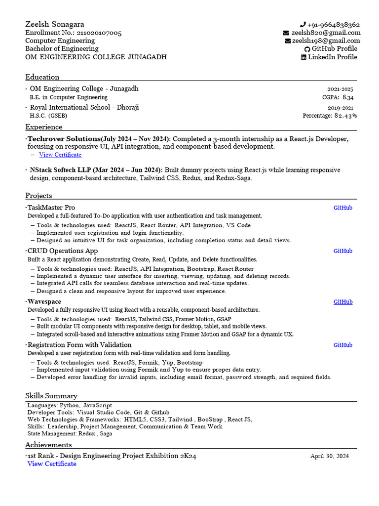 Zeelsh Sonagara: Computer Engineer Profile | PDF | Bootstrap (Front End ...
