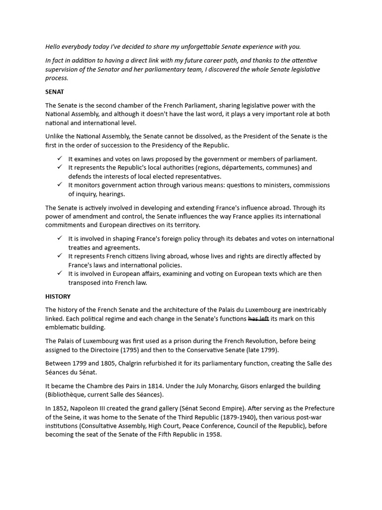 My Internship Experience in the French Senate | PDF | Governance ...