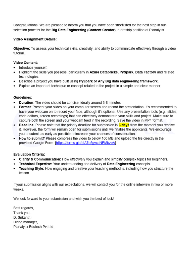 Big Data Engineering Internship Video Guide | PDF