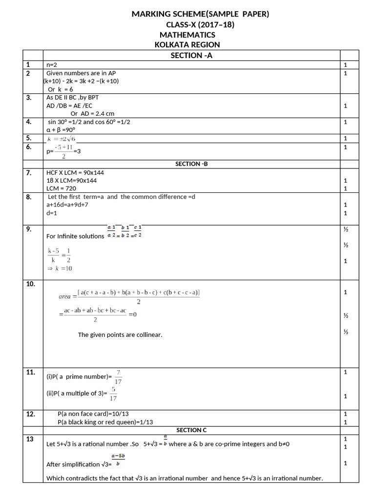 Class X Mathematics Marking Scheme 2017-18 | PDF