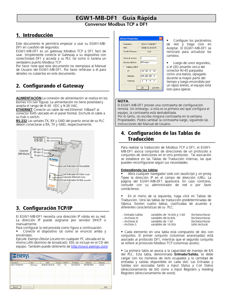 Guía Rápida EGW1-MB-DF1 Modbus TCP | PDF | Dirección IP | Protocolo de ...