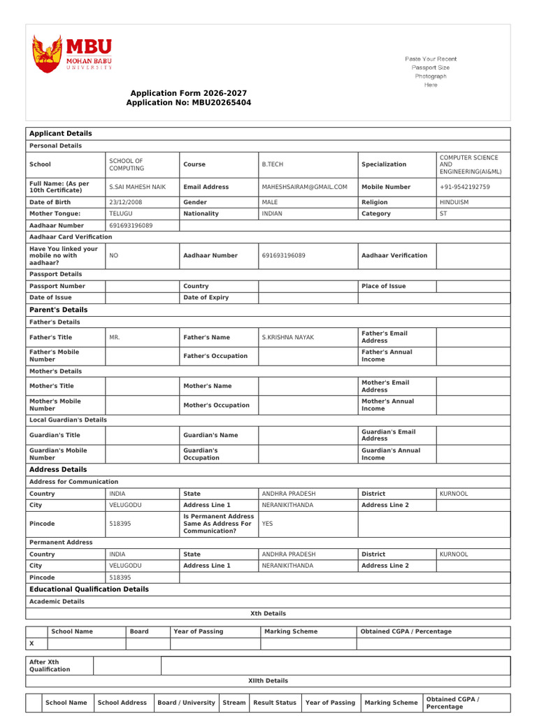 Application Form MBU20265404 | PDF