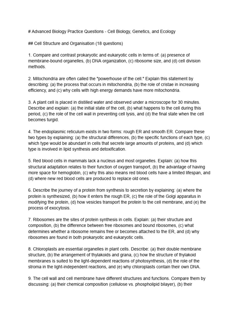 Advanced Biology Practice Questions | PDF | Dominance (Genetics) | Meiosis
