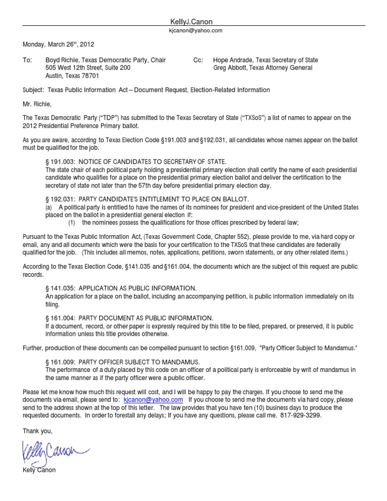 TX Public Information Act Request to TDP Mandamus Primary Election