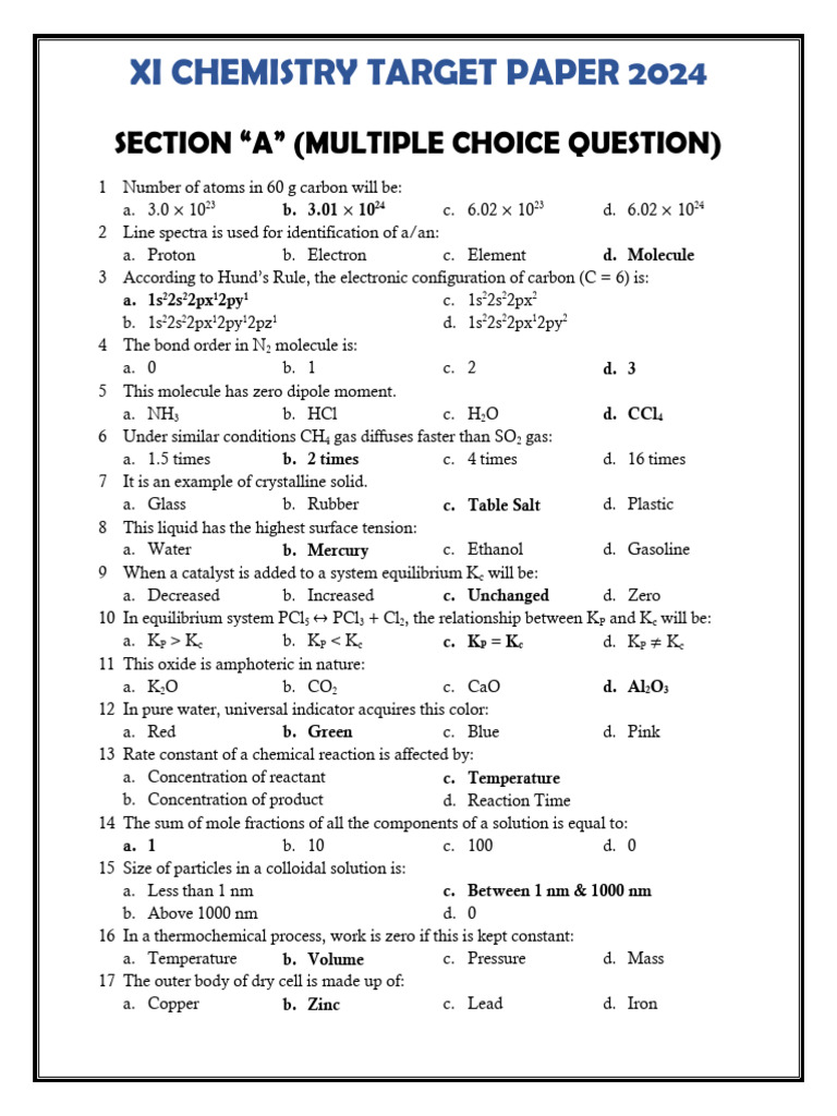 XI Chemistry Target Paper 2024 | PDF | Chemical Reactions | Chemistry