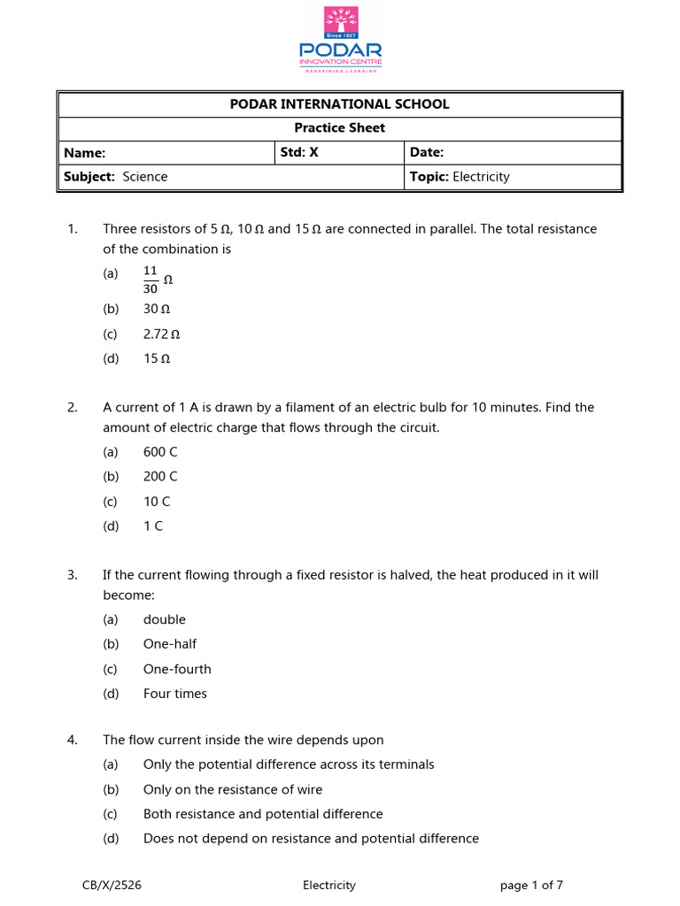 Electricity Practice Questions for Students | PDF | Electric Current ...