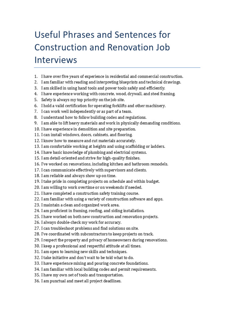 Construction Interview Phrases Guide | PDF | Occupational Safety And Health