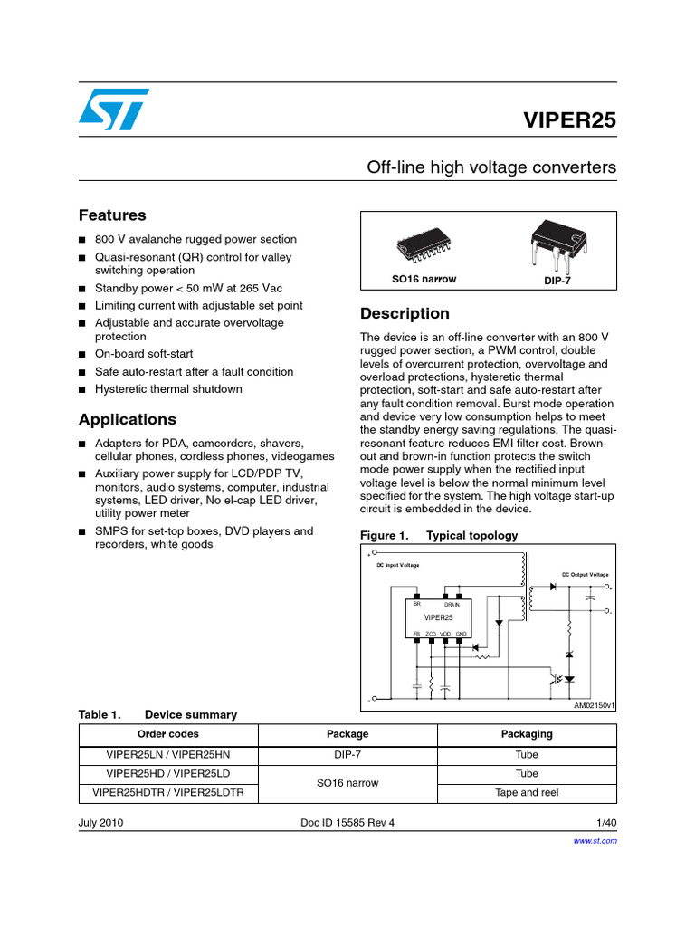 VIPER25 High Voltage Converter Overview | PDF | Capacitor | Mosfet