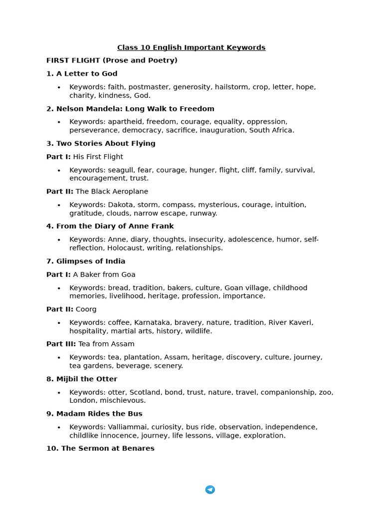 Class 10 English Key Themes & Keywords | PDF