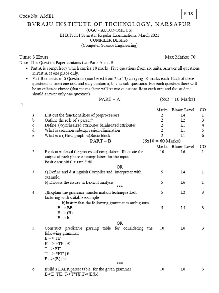 Compiler Design Exam Paper March 2021 | PDF | Theoretical Computer ...