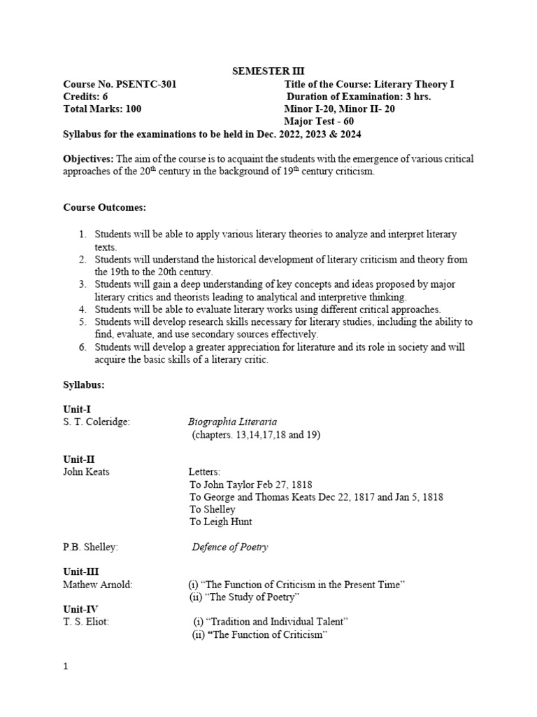 Literary Theory I Course Syllabus | PDF
